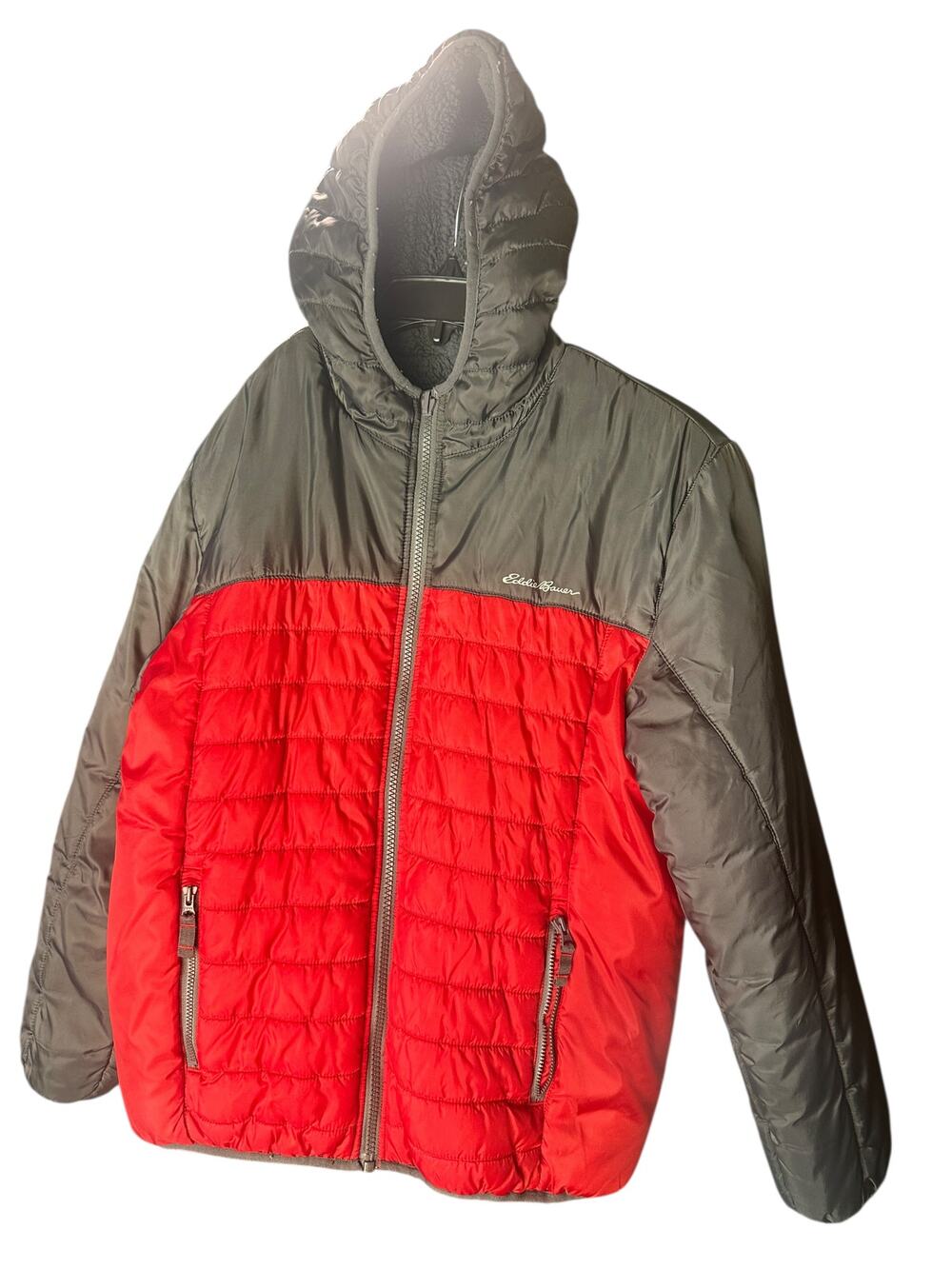 Eddie Bauer Youth Puffer Jacket Red Gray Hooded Coat Kids L 14/16 Winter